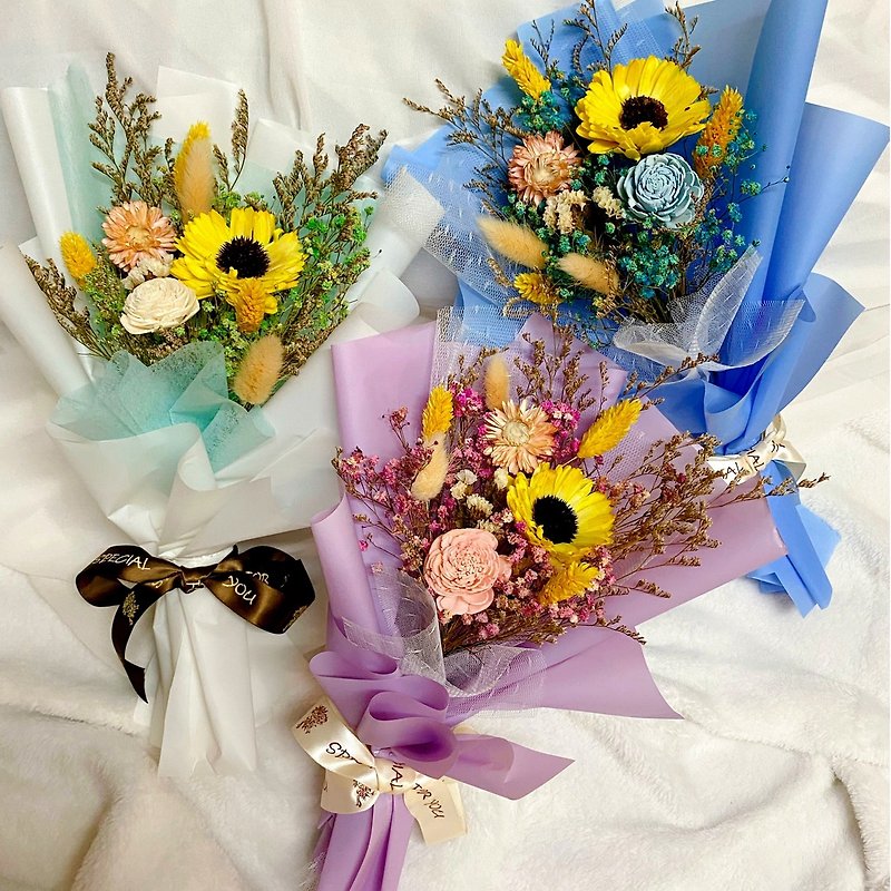 乾燥花束 畢業花束 向日葵 太陽花 藍色系/粉色系 - 乾花/永生花 - 植物．花 黃色