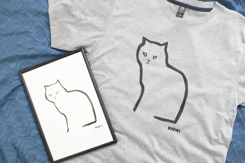 BLACK CAT PAINTING LINE printing short-sleeved unisex cotton t-shirt - เสื้อยืดผู้ชาย - ผ้าฝ้าย/ผ้าลินิน สีเทา