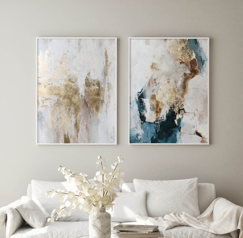 Blue and gold painting set of 2 | Blue and gold wall art | Polarity 2 - 壁貼/牆壁裝飾 - 棉．麻 藍色