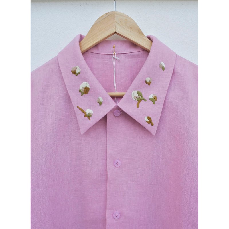 Embroidery | Linen | Pink crop top shirt - 女襯衫 - 棉．麻 粉紅色