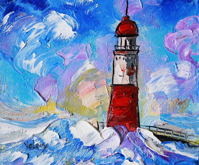 灯台絵画オリジナル絵画オイルキャンバス海景海海事アート - ショップ