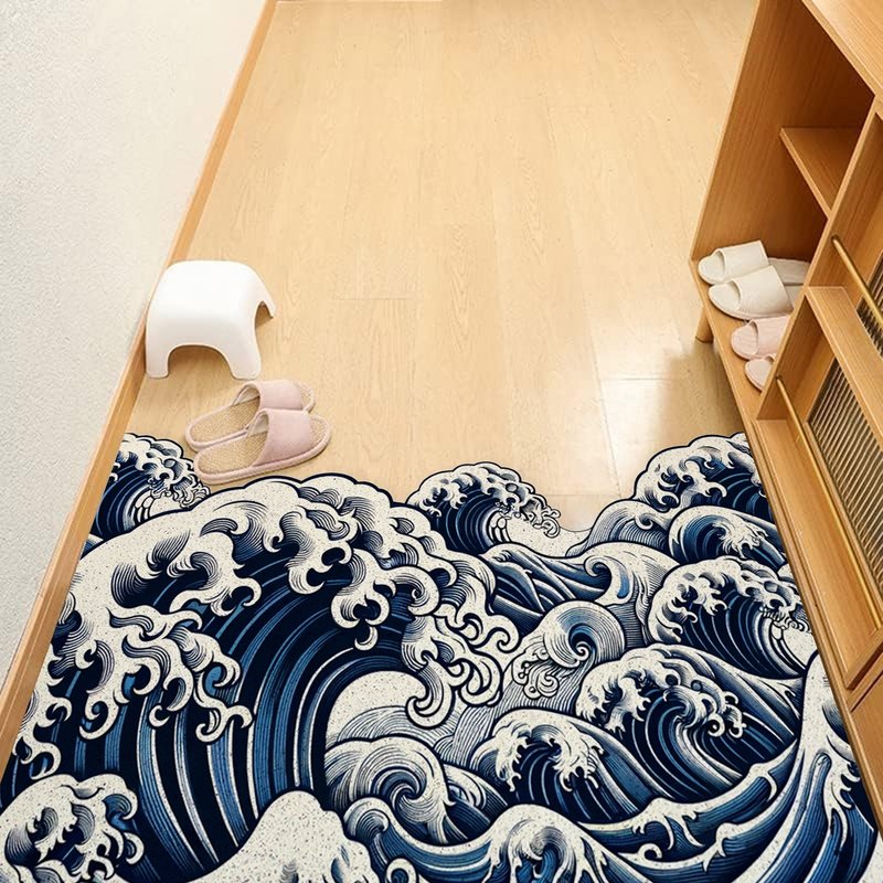 日式藍色海浪地墊現代簡約玄關進門刮土蹭泥腳墊家用門口防滑除塵 - 地墊/地毯 - 聚酯纖維 多色