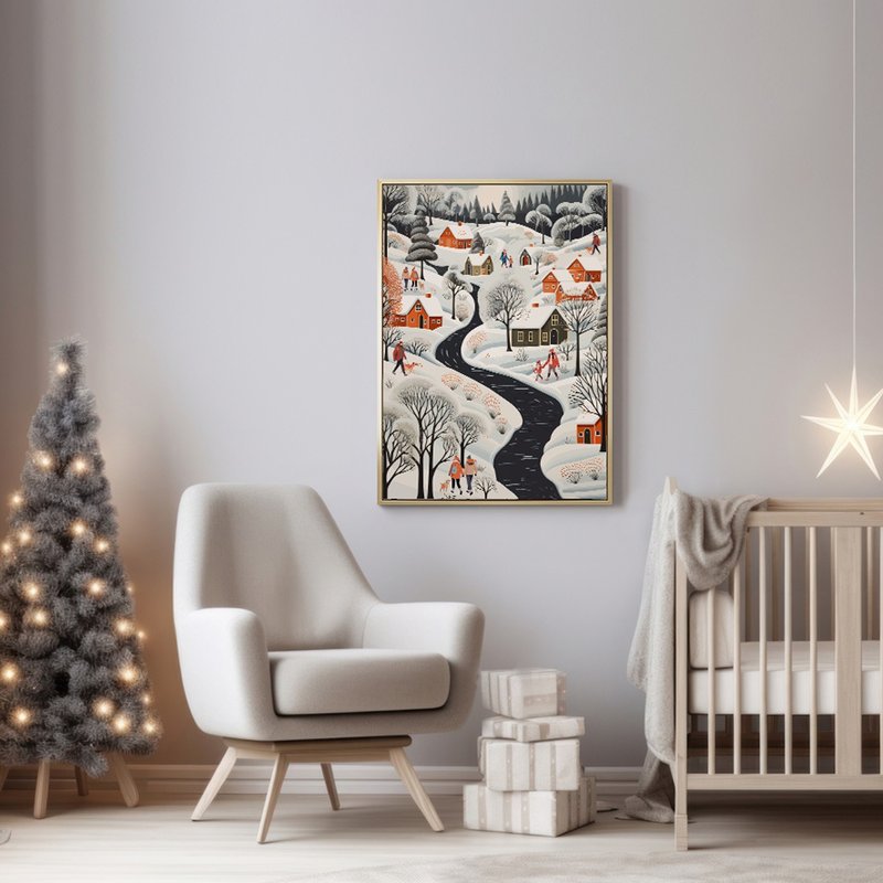 Christmas Morning Snow Scene - Wall Prints, Home Decor, Christmas Prints - โปสเตอร์ - วัสดุอื่นๆ สีเงิน