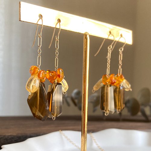 17select -Hina Jewelry- 秋天長耳環 14KGF 橄欖水晶 波羅的海琥珀 黃水晶 / 耳夾
