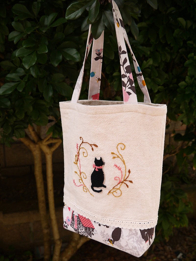 黑貓花園雅致手提袋 - 手提包/手提袋 - 棉．麻 