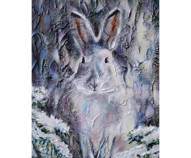 Original contemporary 3 mini acrylic paintings: Rabbits and outlet Snow