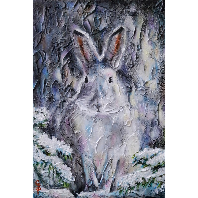 Hare Painting Canvas Rabbit Original Oil Art Winter Forest Wild Animal  Abstract - 壁貼/牆壁裝飾 - 其他材質 灰色