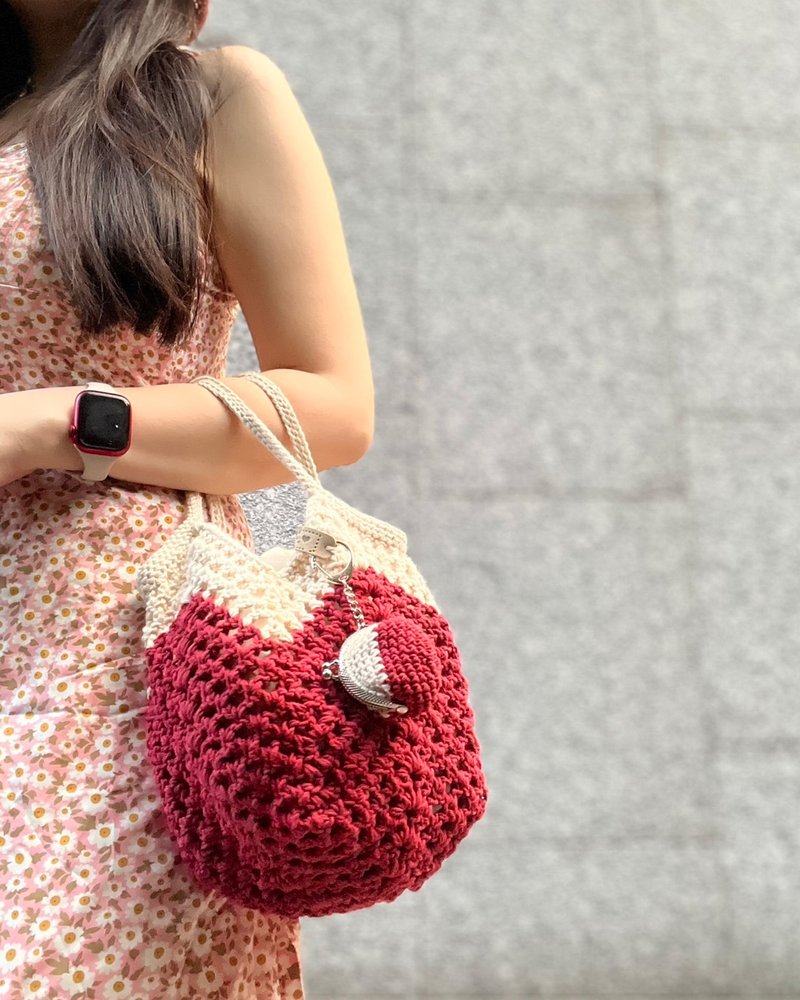 Grid hollow fat woven bag-berry red + white handbag/shoulder bag/two-part bag/handmade woven bag - Handbags & Totes - Cotton & Hemp 