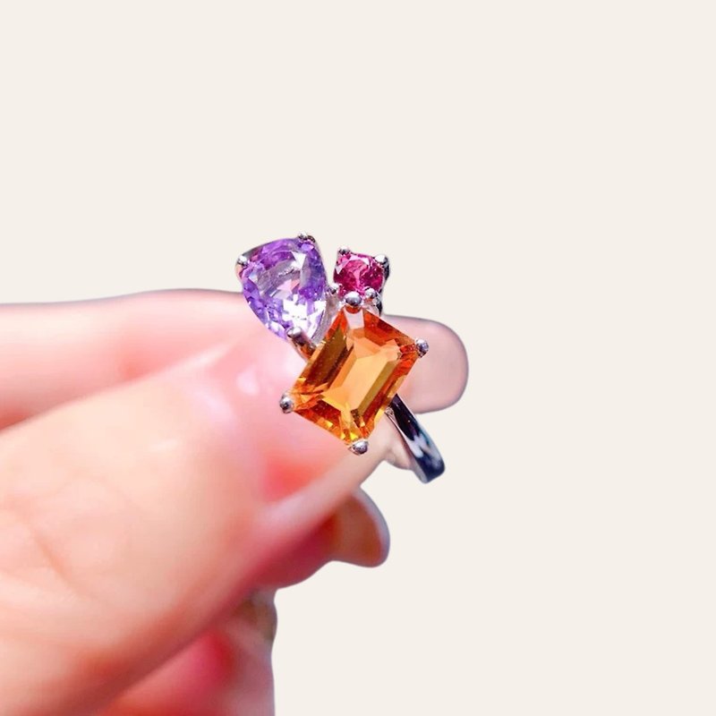 群鑲天然寶石紫水晶黃水晶 - 戒指 - 純銀 多色