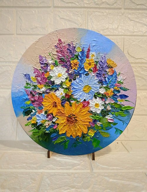 TatyanaZarArt 圆形油画明亮的花朵洋甘菊向日葵微型Impasto d.18厘米
