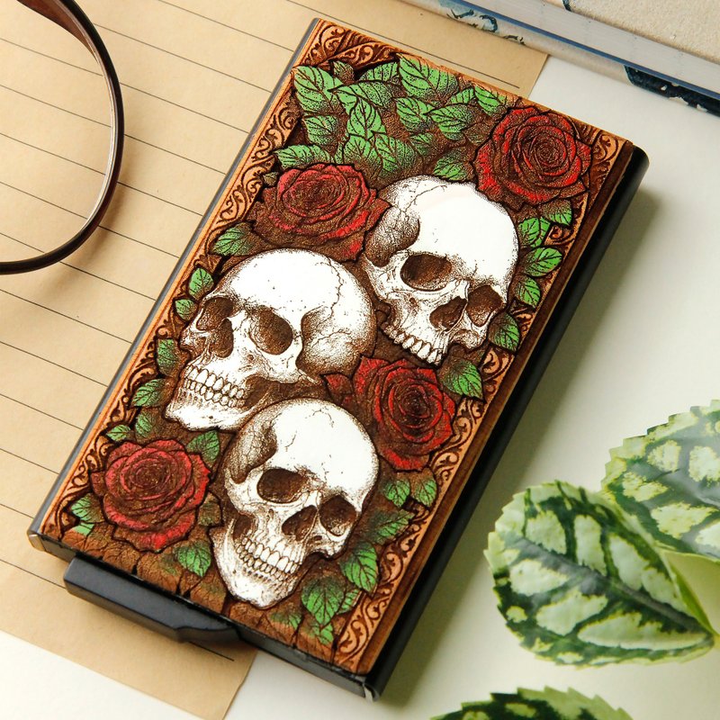 Bones And Roses -  Wooden card holder with laser engraving + hand painting - 名片夾/名片盒 - 木頭 咖啡色