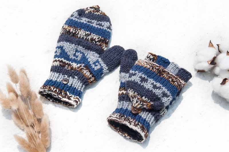 手織純羊毛針織手套/可拆卸手套/內刷毛手套/保暖手套-漸層海浪 - 手套 - 羊毛 多色