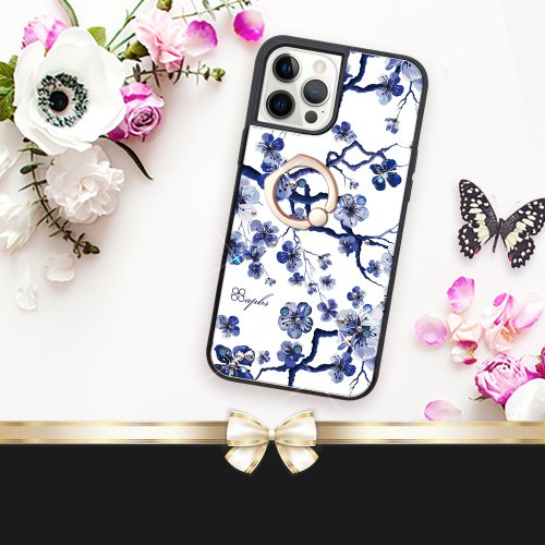 apbs 雅品仕 水晶彩鑽手機殼 iPhone 12全系列 水晶彩鑽減震指環扣手機殼-藍梅