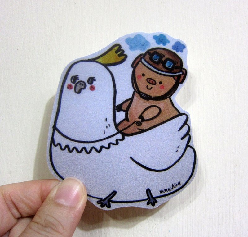 Hand-painted illustration style completely waterproof sticker flying pig and parrot pig parrot - สติกเกอร์ - วัสดุกันนำ้ หลากหลายสี