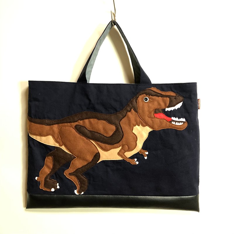 Dinosaur Tyrannosaurus Rex Book Bag - Navy with Faux Leather Trim - อื่นๆ - ผ้าฝ้าย/ผ้าลินิน สีดำ