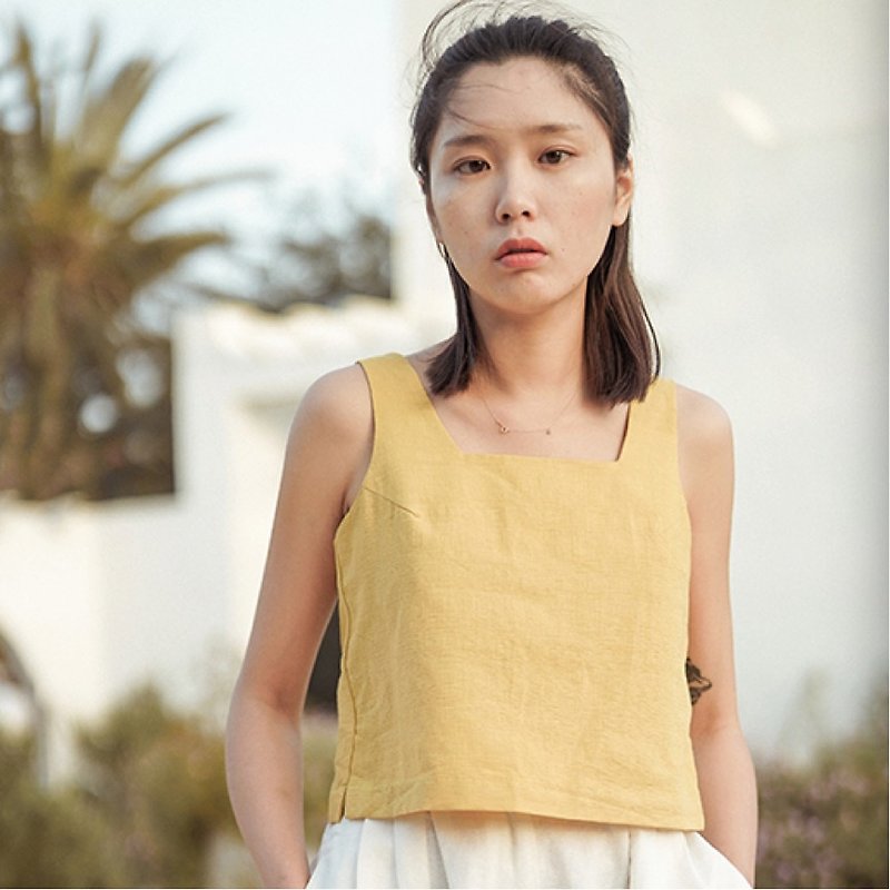 Lemon yellow love exposed clavicle collar collar control vintage word collar sleeveless shirt cover side vest texture linen cotton lining color small hands without dead angle cover fuck nude together | vitatha Fanta original design independent women - Women's Vests - Cotton & Hemp Yellow