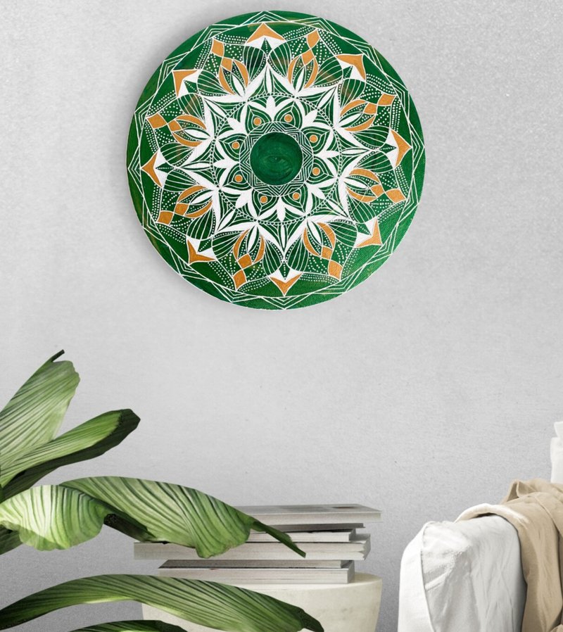 Green mandala meditation painting Sacred geometry home decor Symbolic painting - 壁貼/牆壁裝飾 - 壓克力 綠色