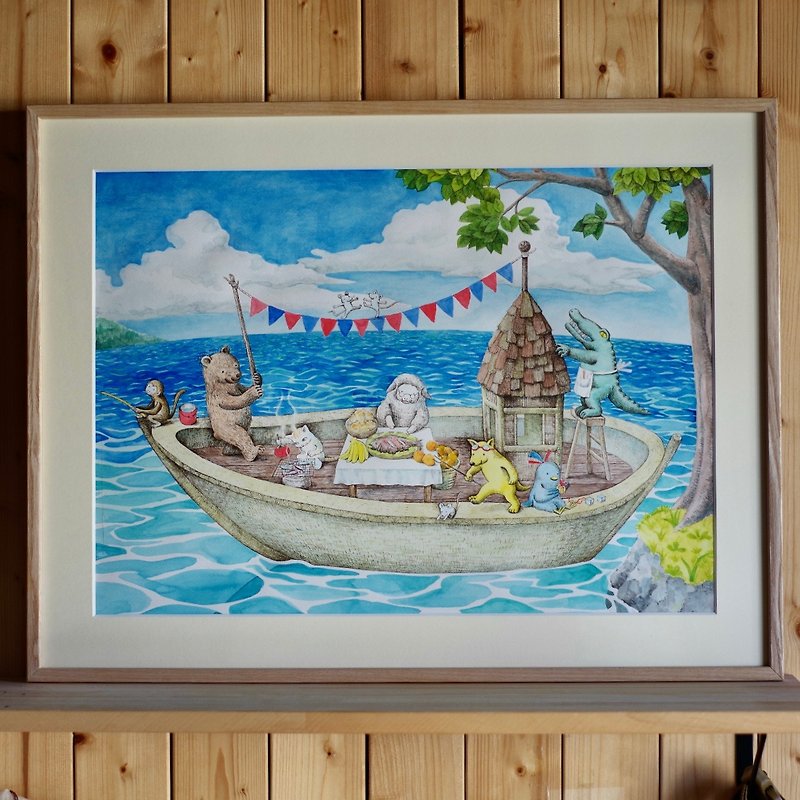 Birthday party on the boat    original painting - โปสเตอร์ - ผ้าฝ้าย/ผ้าลินิน สีน้ำเงิน