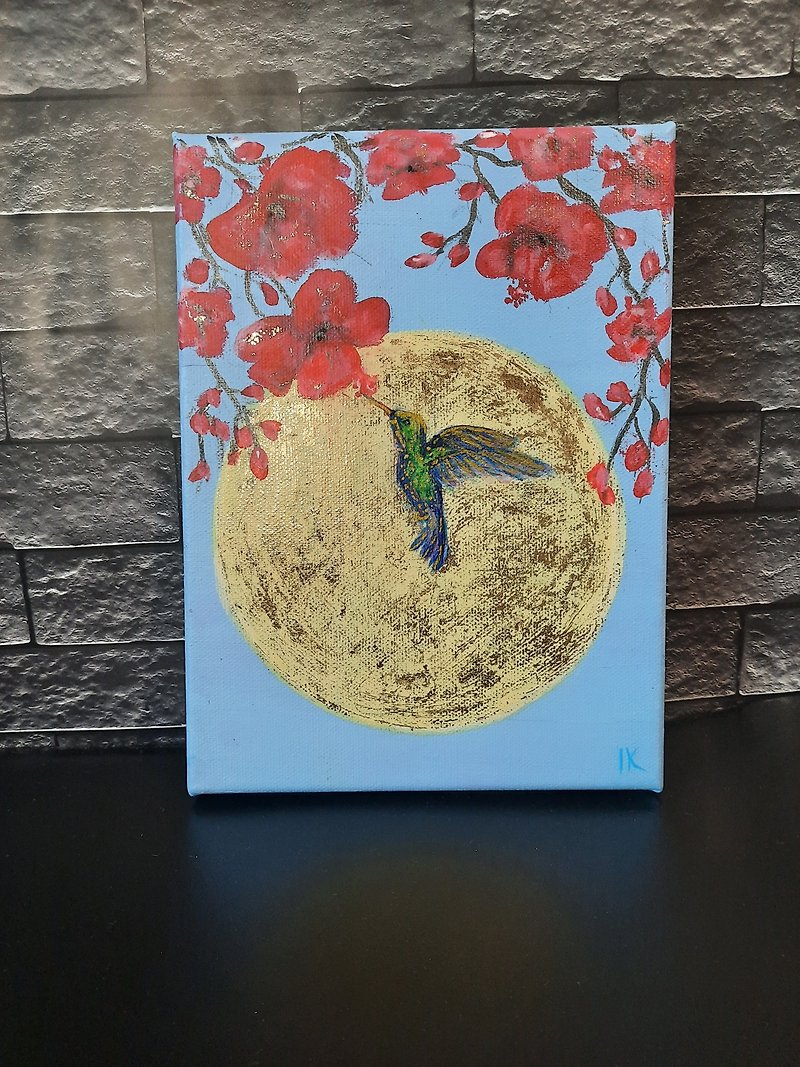 担架に乗ったハチドリの絵アクリル絵の具 蜂鳥スケッチ - ポスター・絵 - コットン・麻 ゴールド