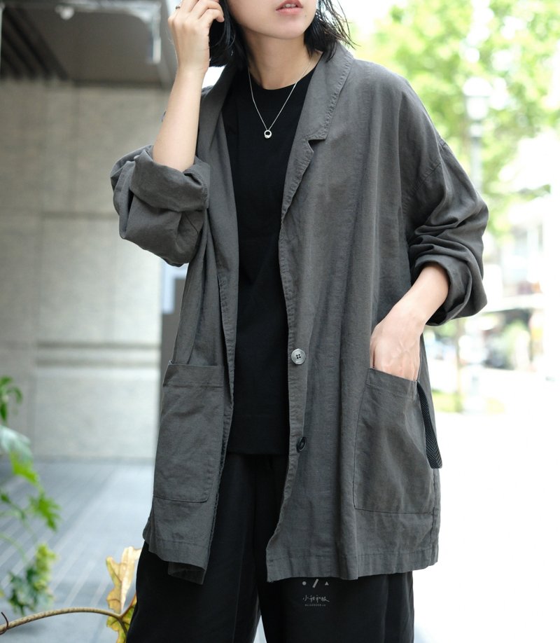 Wakakusa color Japanese Linen wide suit jacket - 2 colors - Wakakusa dark gray - Women's Blazers & Trench Coats - Cotton & Hemp Gray