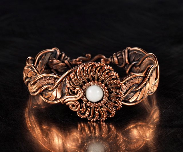 Copper wire wrapped cacholong bracelet Unique artisan flower
