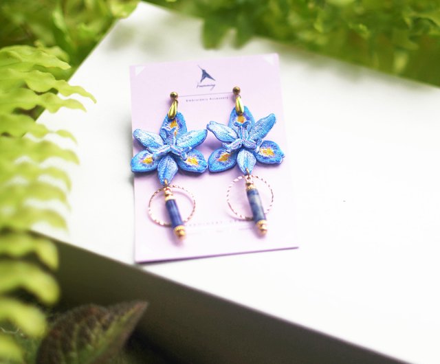 ピアス 台湾菖蒲 刺繍 花 翡翠 ギフトボックス ハンドメイド