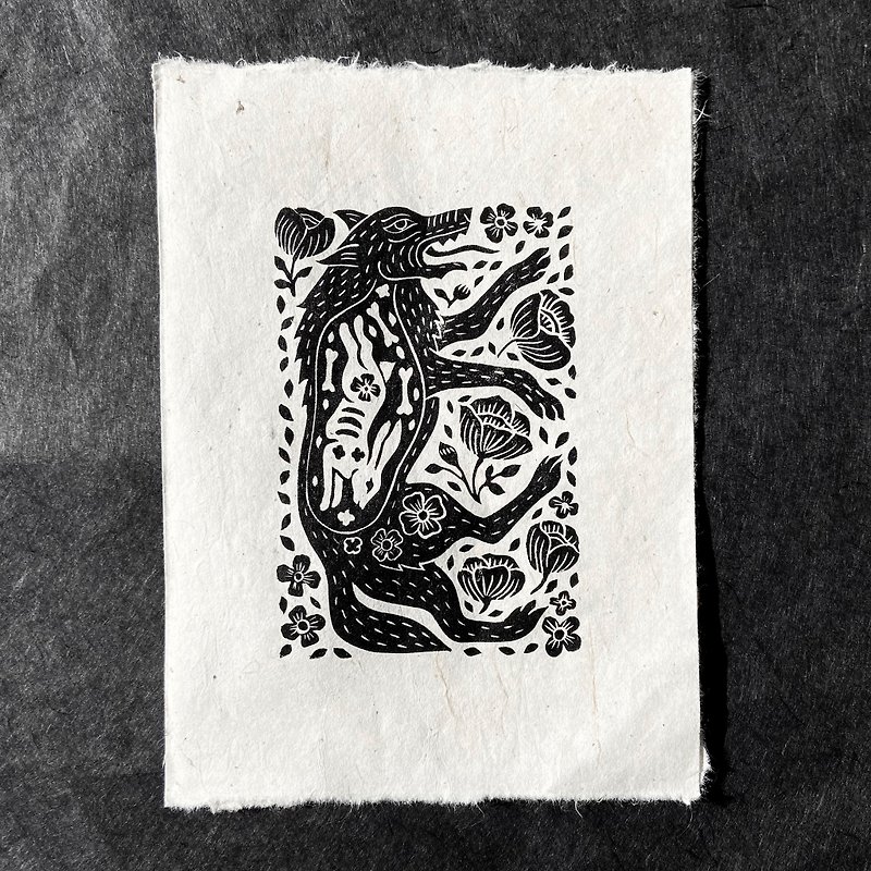 Spring Hunger Dark Folk Wolf and Hare art handmade lino print 16x23 cm - Wall Décor - Paper 