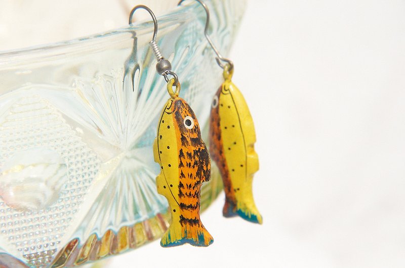 Valentine's Day gift hand-painted wooden earrings limited edition / wooden earrings / Animal earrings - leisurely yellow fish (Ear / ear clip) - Earrings & Clip-ons - Wood Yellow