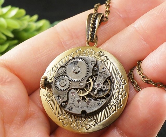 Steampunk Locket Necklace Watch Parts Gears Mechanism Pendant