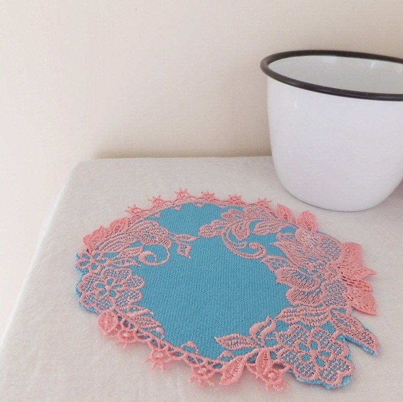 Four seasons  embroidered coasters:Summer----Lotus - Coasters - Cotton & Hemp Blue