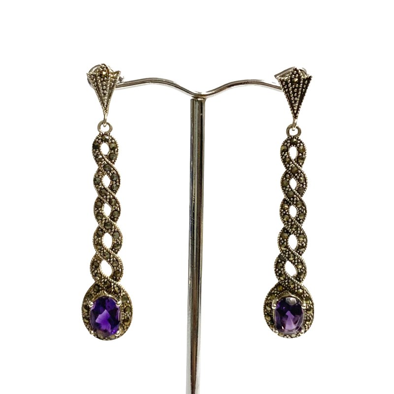 Art Deco Style Amethyst with Marcasite Large Spiral Earrings 925 Sterling Silver - Earrings & Clip-ons - Sterling Silver Silver