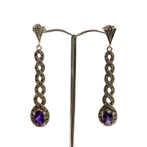 alisadesigns Art Deco Style Amethyst with Marcasite Large Spiral Earrings 925 Sterling Silver