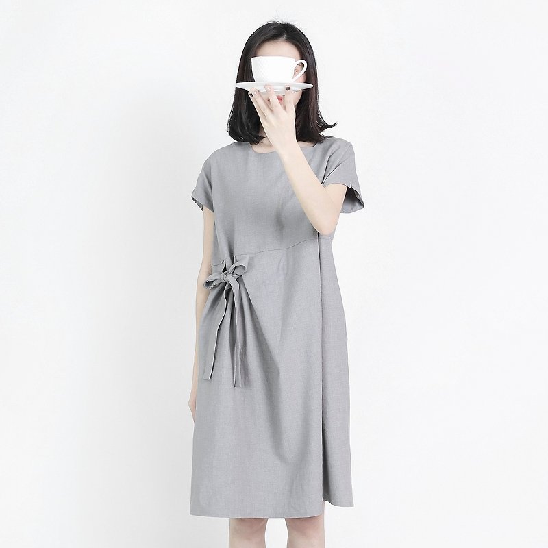 棉．麻 洋裝/連身裙 灰色 - Twilight 暮色綁帶洋裝_8SF110_灰