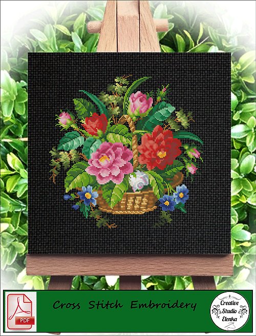 CreativeStudioElenka Vintage Cross Stitch Scheme Flowers in a basket - PDF Embroidery Scheme