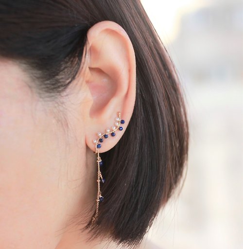 One N Only Jewelry 【畢業禮物】流動金沙-青金石 水晶珍珠14KGF輕感減壓耳環 耳夾