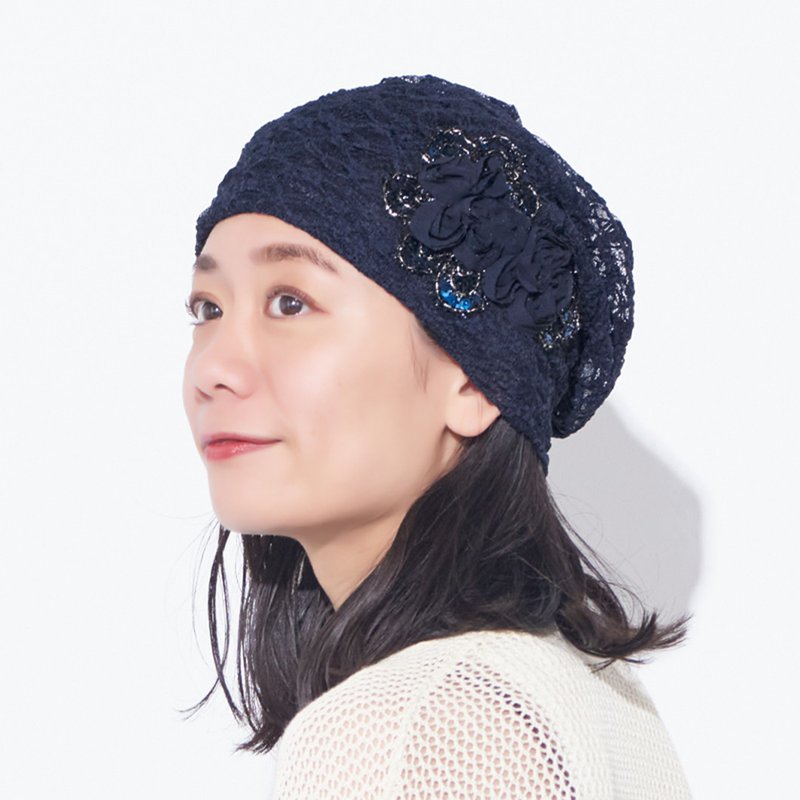 Flare 網眼蕾絲花朵裝飾毛帽 - 帽子 - 聚酯纖維 藍色