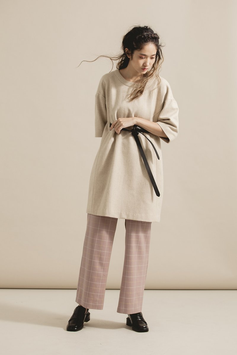 Drop-shoulder wool dress-with leather belt - One Piece Dresses - Wool 