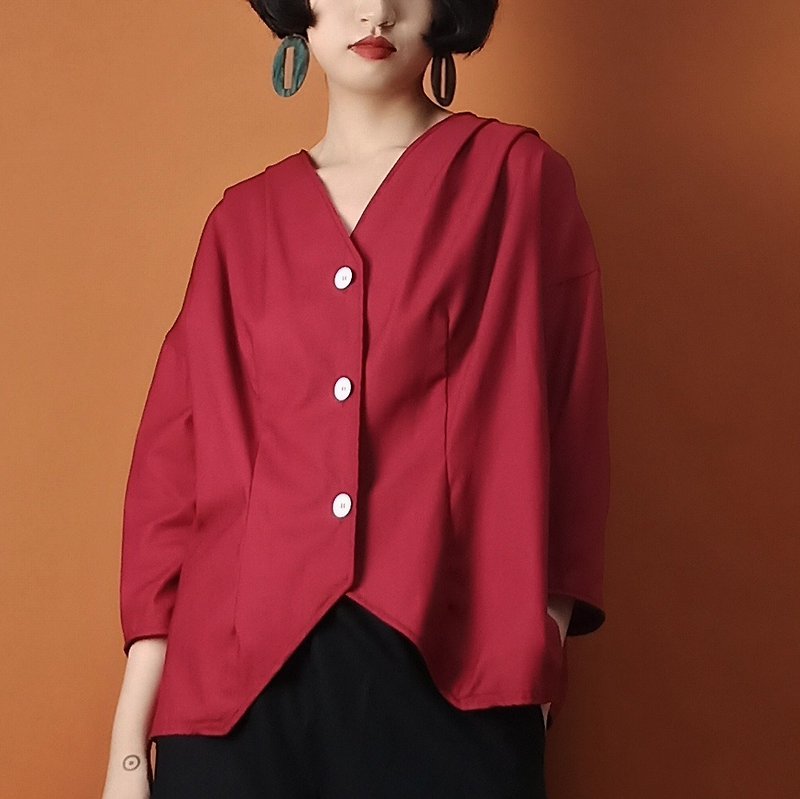 P.YELLOW | Autumn Crimson Medium Long Sleeve Vintage Top - เสื้อผู้หญิง - ผ้าฝ้าย/ผ้าลินิน สีแดง