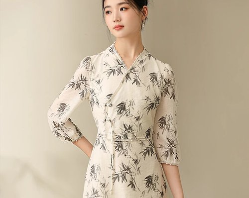 初蟬 魅影 新中式復古中國風 精緻珍珠氣質印花天絲洋裝