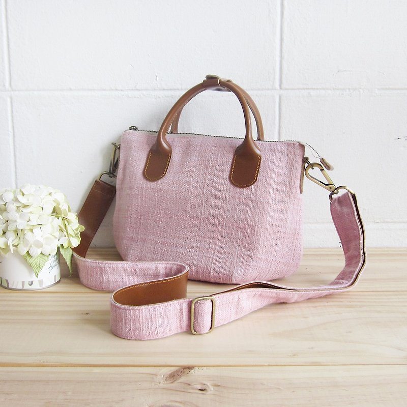 Cross-body Sweet Journey Bags S size Hand Woven and Botanical Dyed Cotton. - Messenger Bags & Sling Bags - Cotton & Hemp Pink