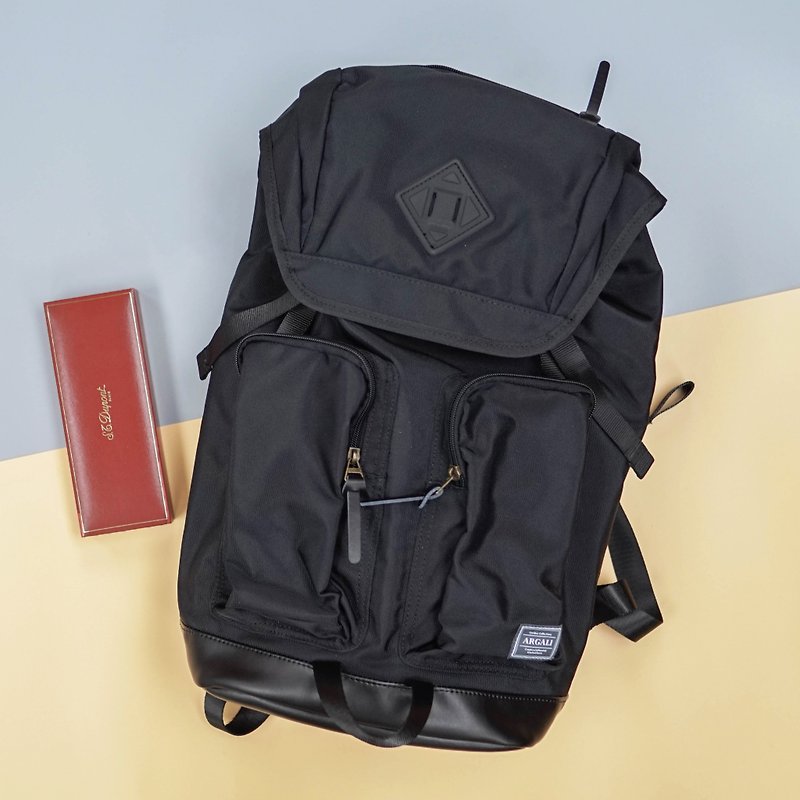 Argali 香港品牌 束口雙扣 休閒簡約 後背包 防水舒適 真皮 輕量 旅行包 Backpack 黑色 - 背囊/背包 - 其他材質 黑色