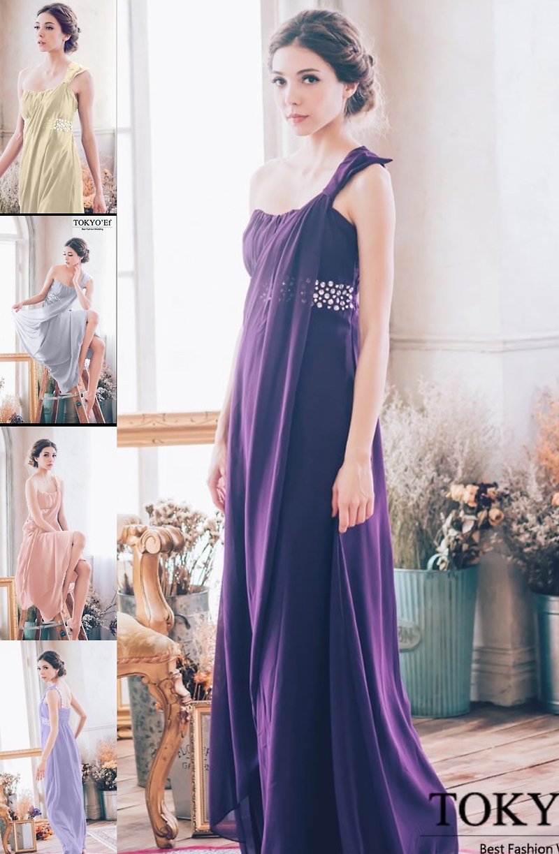 Year-end Offer-Greek Goddess One-shoulder Dangle Rhinestone Long Dress Light Purple/Pink/Gray/Apricot s-2XL - Evening Dresses & Gowns - Silk Silver