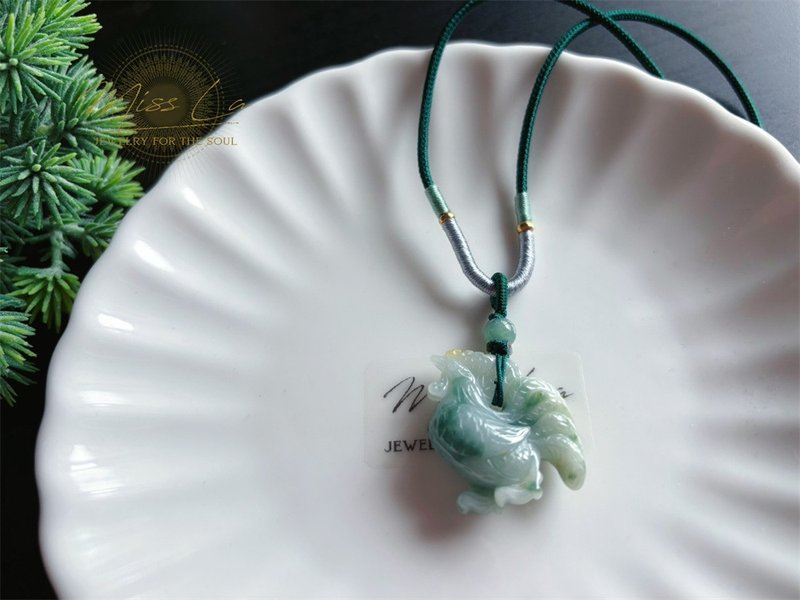 天然緬甸玉 翡翠 飄花帶黃翡雞 心想事成 人丁興旺 項鍊 禮物 - 手機掛繩/背帶 - 玉石 綠色