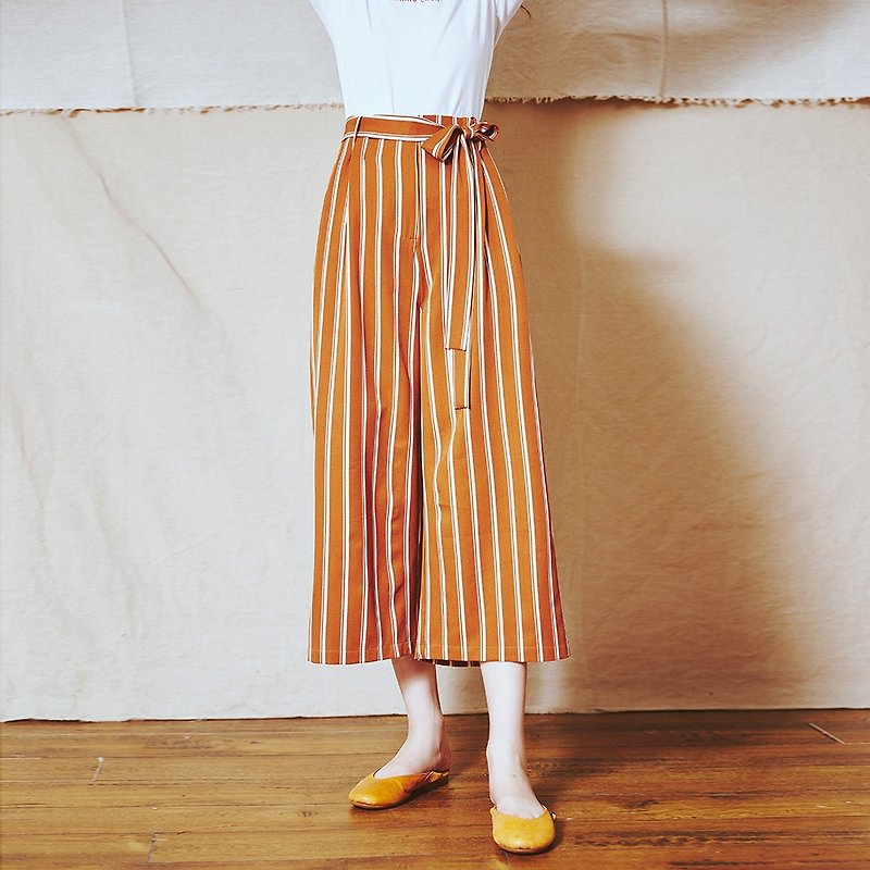 Anne Chen 2018 summer new style cloth belt striped wide leg pants - กางเกงขายาว - วัสดุอื่นๆ สีนำ้ตาล