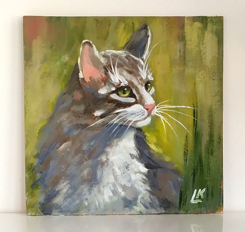 猫　テラコッタ絵76 段ボールに描かれた猫の油絵 印象派アート 猫の小さな絵 灰色の