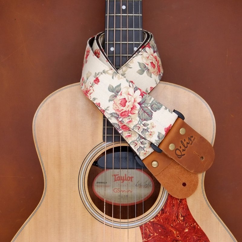 Cream Fabric Flower Guitar Strap - กีตาร์เครื่องดนตรี - หนังแท้ สีทอง