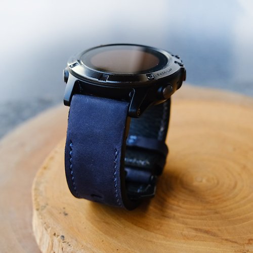 RuslieStraps Crazy Horse Cowhide Leather Navy Blue Strap With Quickfit Garmin Connector