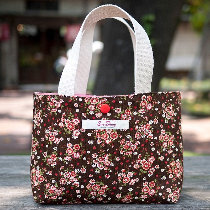 小さな赤い花チョコレートウォーキングパッケージ - トート・ハンドバッグ - コットン・麻 ブラウン
