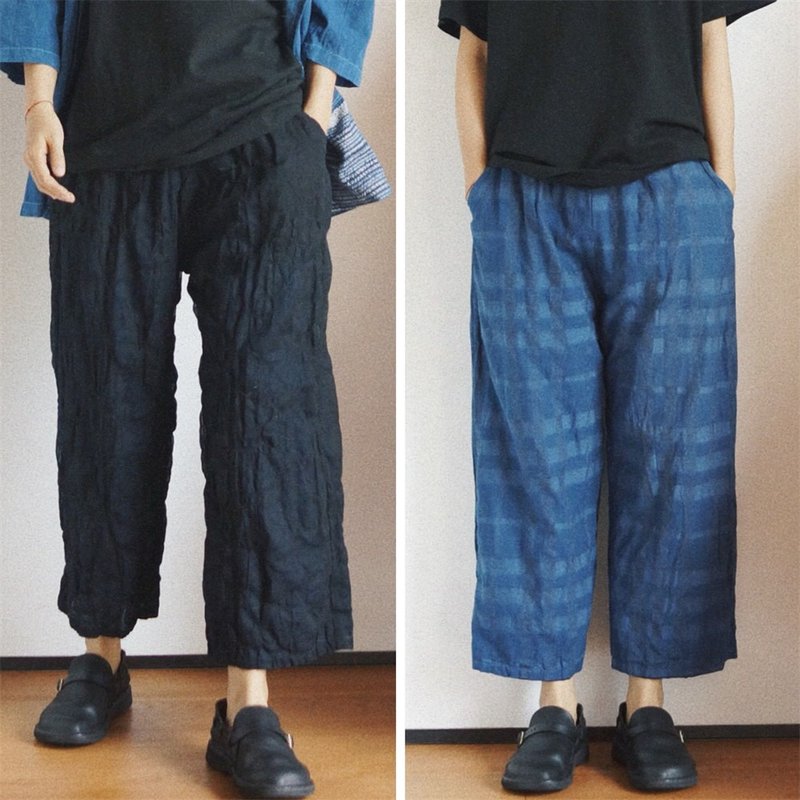 Double-sided blue and black pure cotton salt-shrink fabric neutral versatile comfortable straight pants casual pants - กางเกงขายาว - ผ้าฝ้าย/ผ้าลินิน สีน้ำเงิน