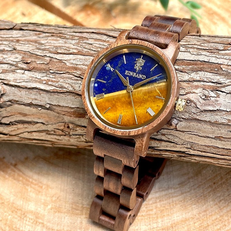 Lapis Lazuli & Tiger Eye x Walnut Natural stone Wooden Watch - 對錶/情侶錶 - 木頭 咖啡色
